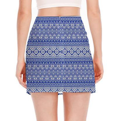 Blue And White African Pattern Print Side Slit Mini Skirt