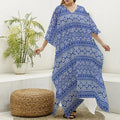 Blue And White African Pattern Print Silk V-Neck Kaftan Dress