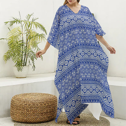 Blue And White African Pattern Print Silk V-Neck Kaftan Dress