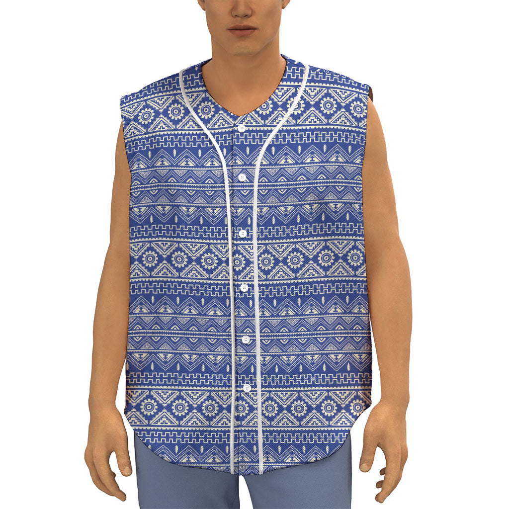 Blue And White African Pattern Print Sleeveless Baseball Jersey