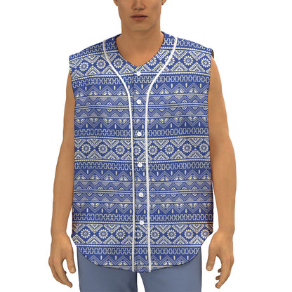 Blue And White African Pattern Print Sleeveless Baseball Jersey