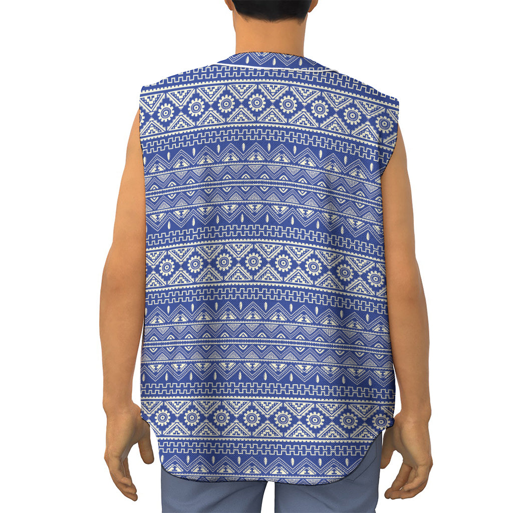 Blue And White African Pattern Print Sleeveless Baseball Jersey