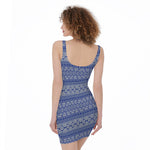 Blue And White African Pattern Print Sleeveless Bodycon Dress