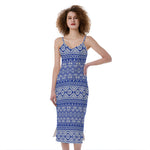 Blue And White African Pattern Print Slim Fit Midi Cami Dress