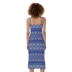 Blue And White African Pattern Print Slim Fit Midi Cami Dress