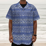 Blue And White African Pattern Print Textured Short Sleeve Shirt