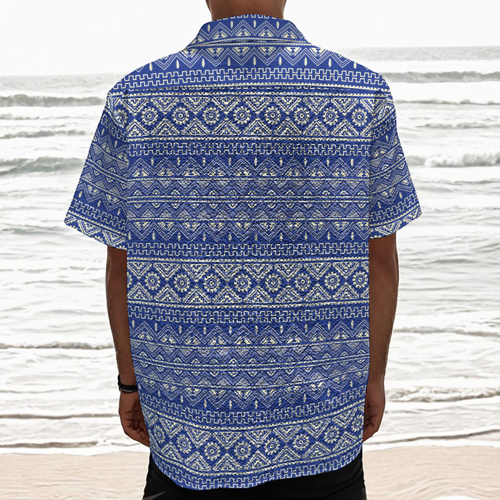 Blue And White African Pattern Print Textured Short Sleeve Shirt