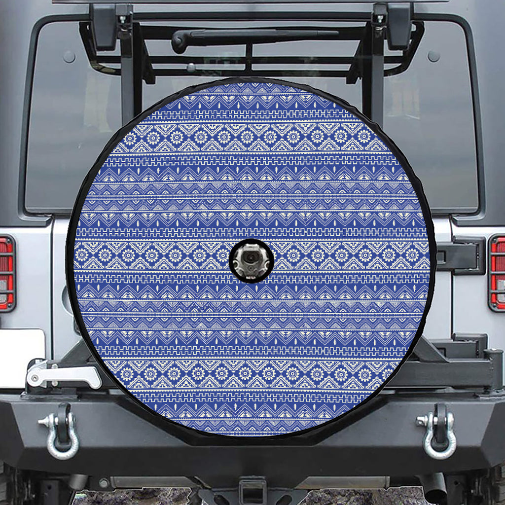 Blue And White African Pattern Print Tire Cover With Camera Hole