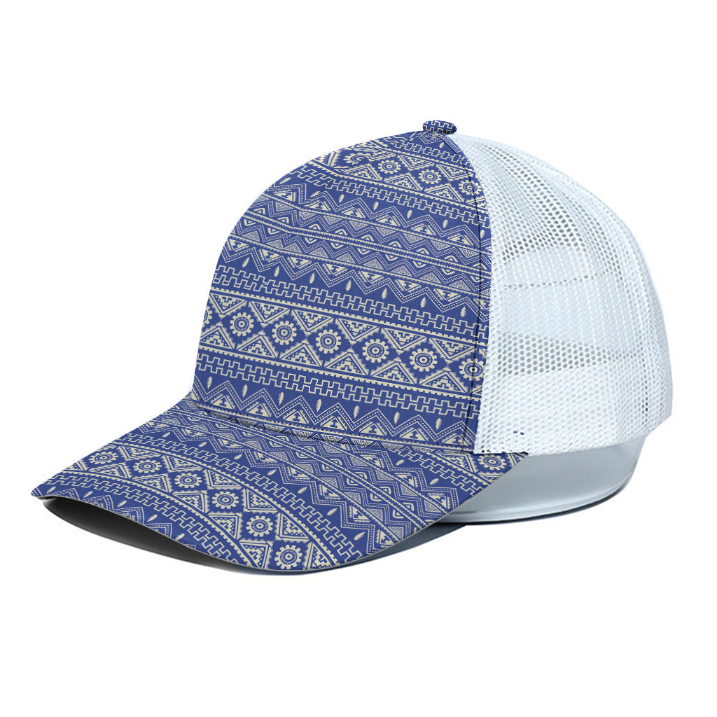 Blue And White African Pattern Print White Mesh Trucker Cap