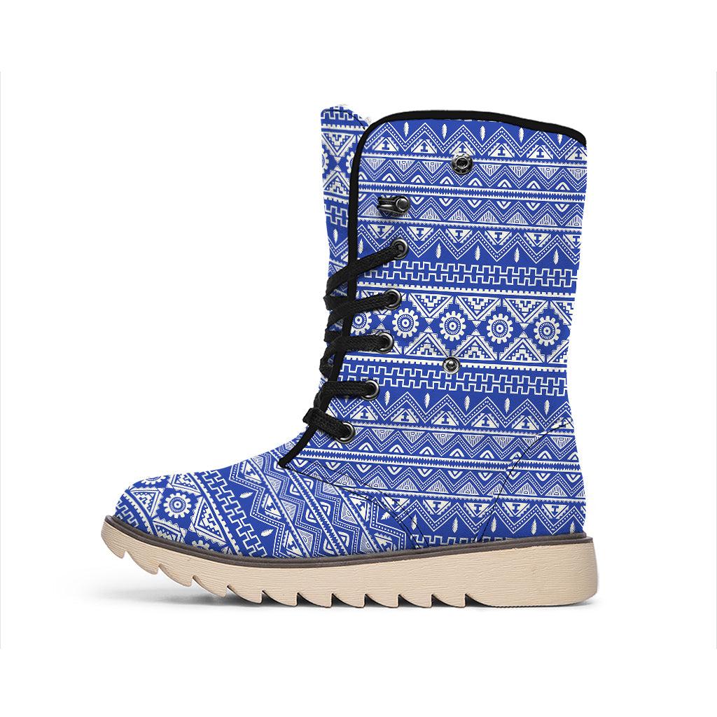 Blue And White African Pattern Print Winter Boots