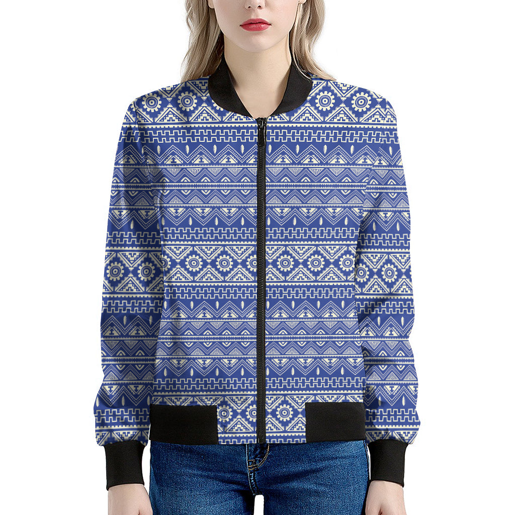 Blue And White African Pattern Print Women's Bomber Jacket