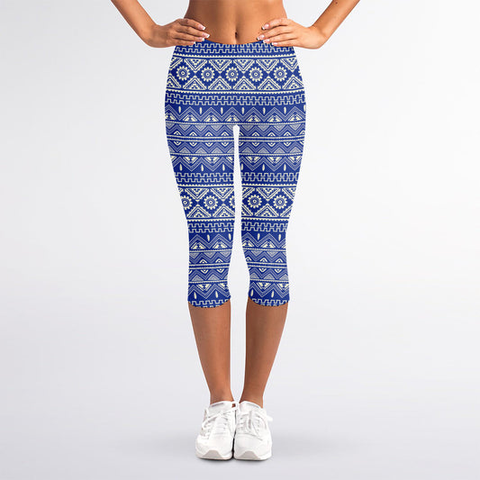 Blue And White African Pattern Print Women's Capri Leggings
