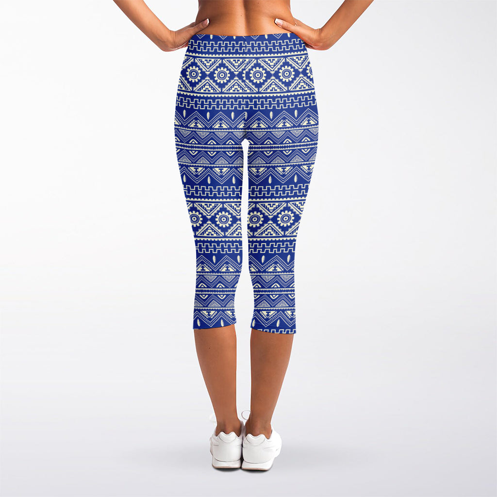 Blue And White African Pattern Print Women's Capri Leggings