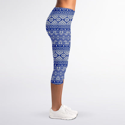 Blue And White African Pattern Print Women's Capri Leggings
