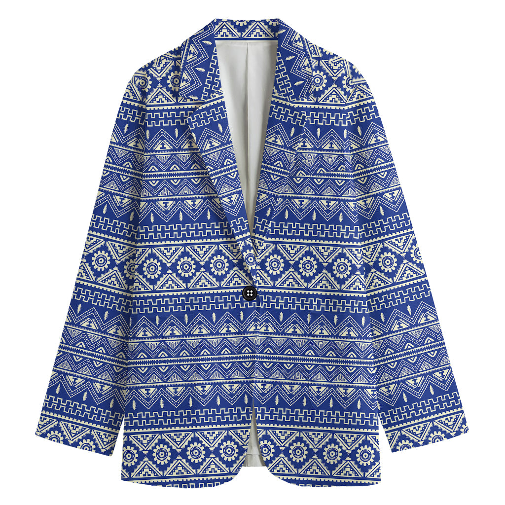 Blue And White African Pattern Print Women's Cotton Blazer
