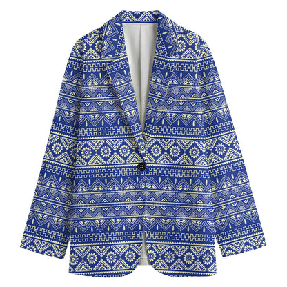 Blue And White African Pattern Print Women's Cotton Blazer