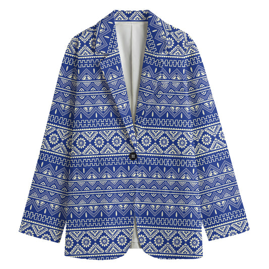Blue And White African Pattern Print Women's Cotton Blazer