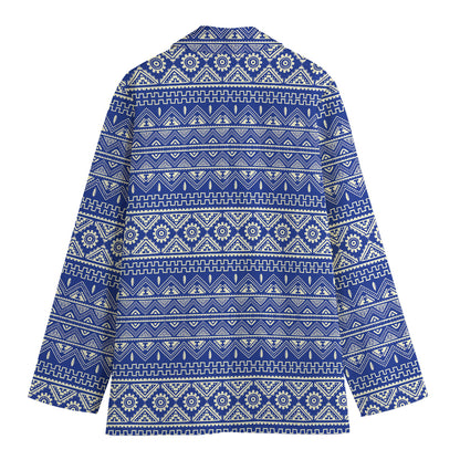 Blue And White African Pattern Print Women's Cotton Blazer