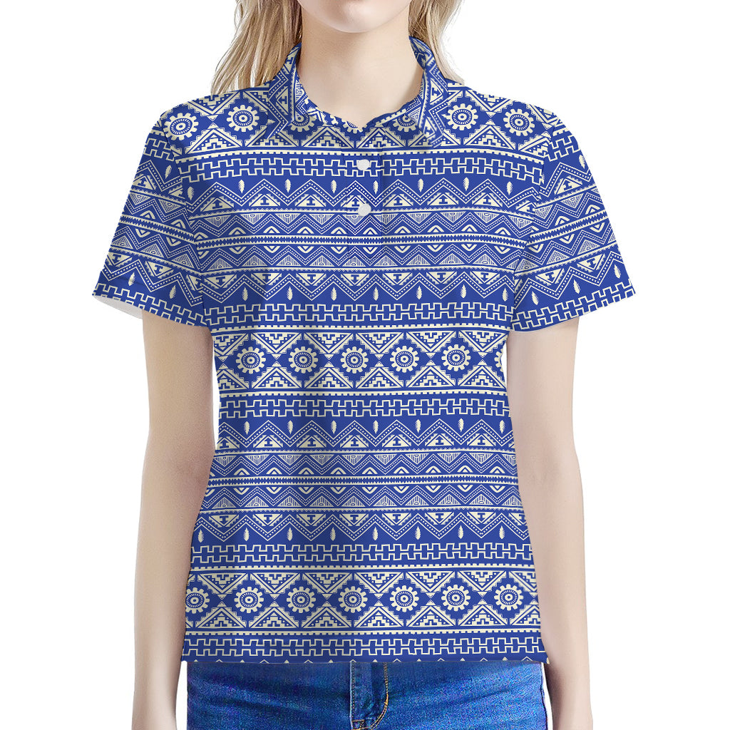 Blue And White African Pattern Print Women's Polo Shirt
