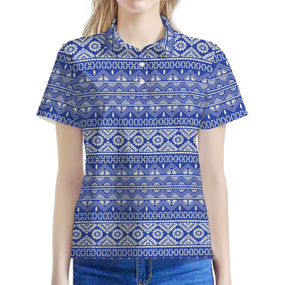 Blue And White African Pattern Print Women's Polo Shirt