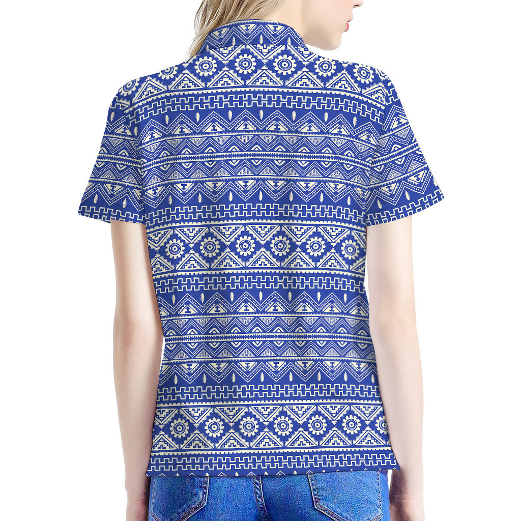 Blue And White African Pattern Print Women's Polo Shirt