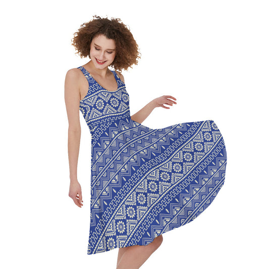 Blue And White African Pattern Print Women's Sleeveless Dress