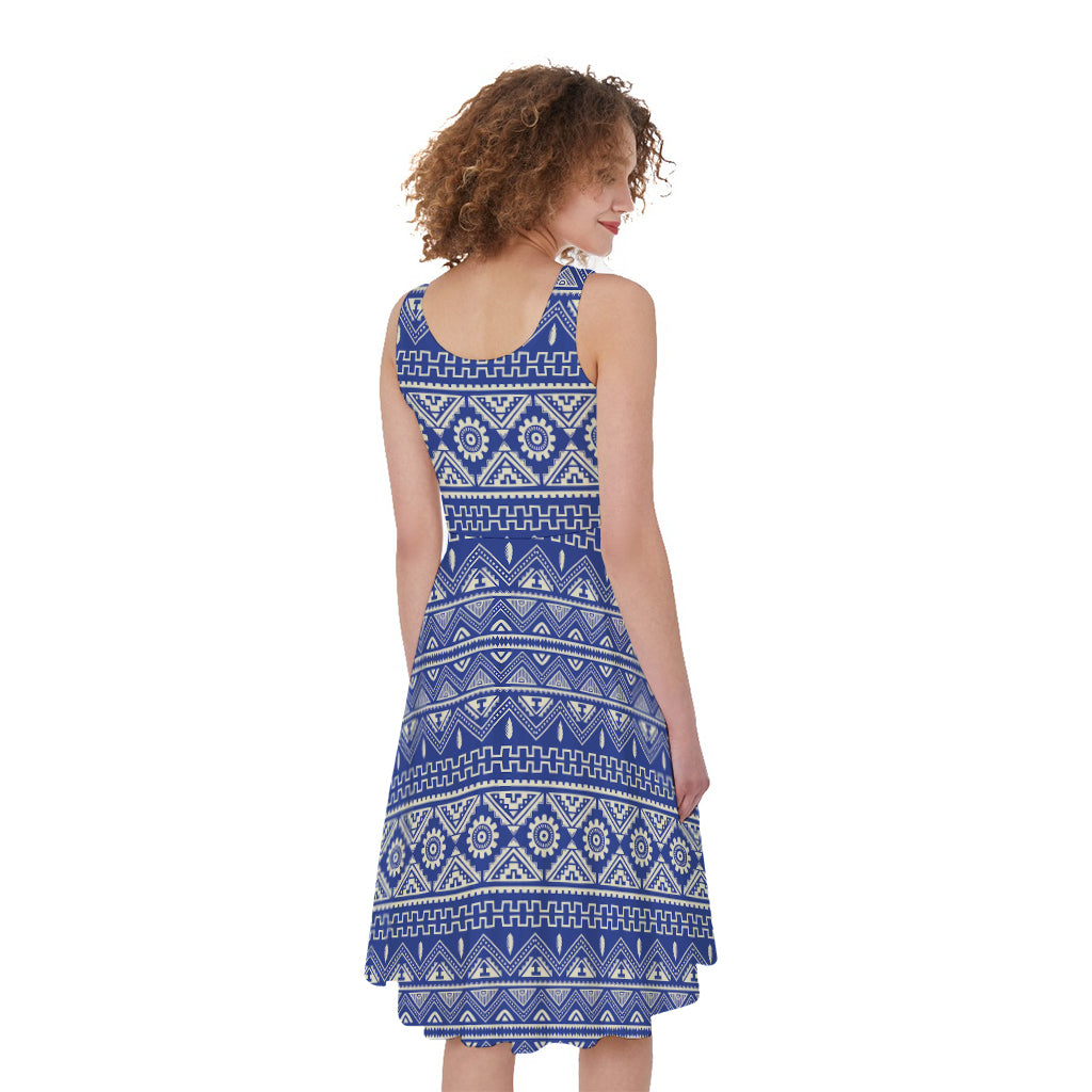 Blue And White African Pattern Print Women's Sleeveless Dress