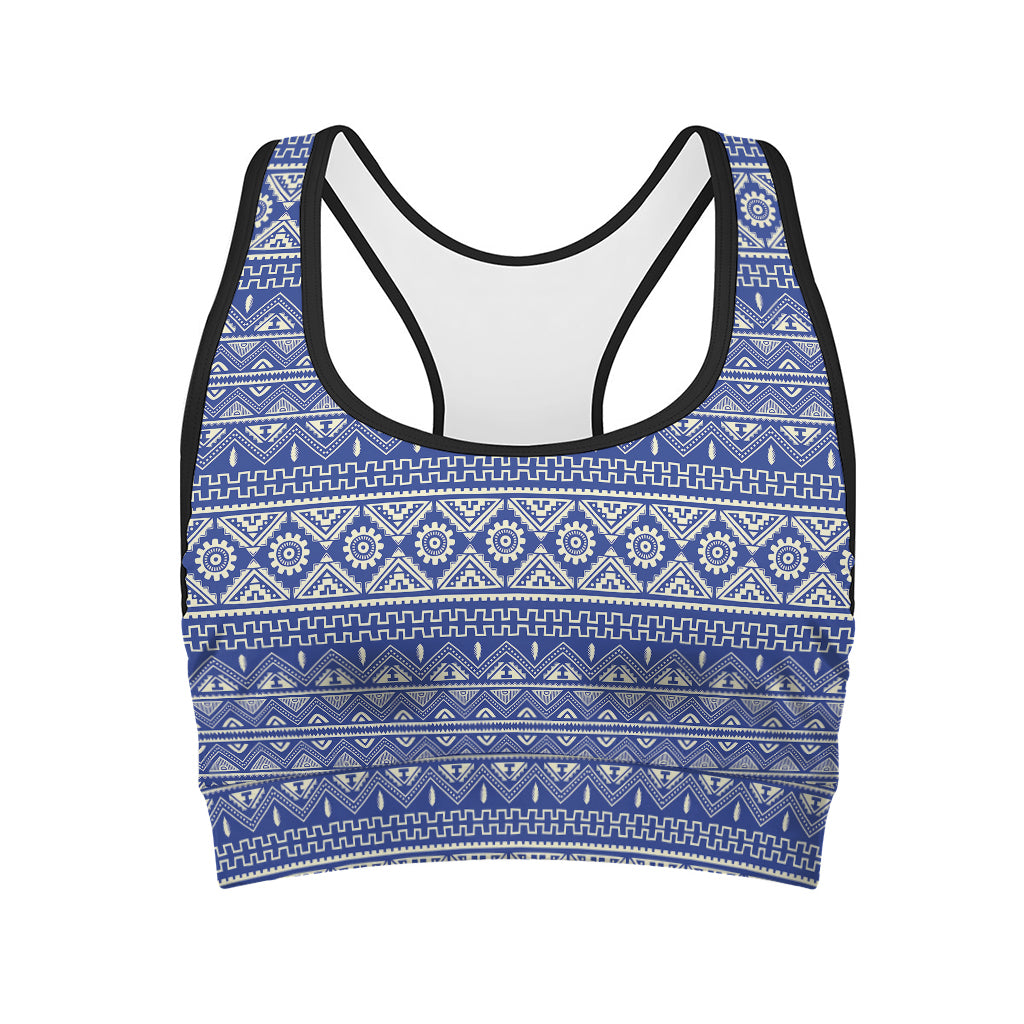 Blue And White African Pattern Print Women's Sports Bra