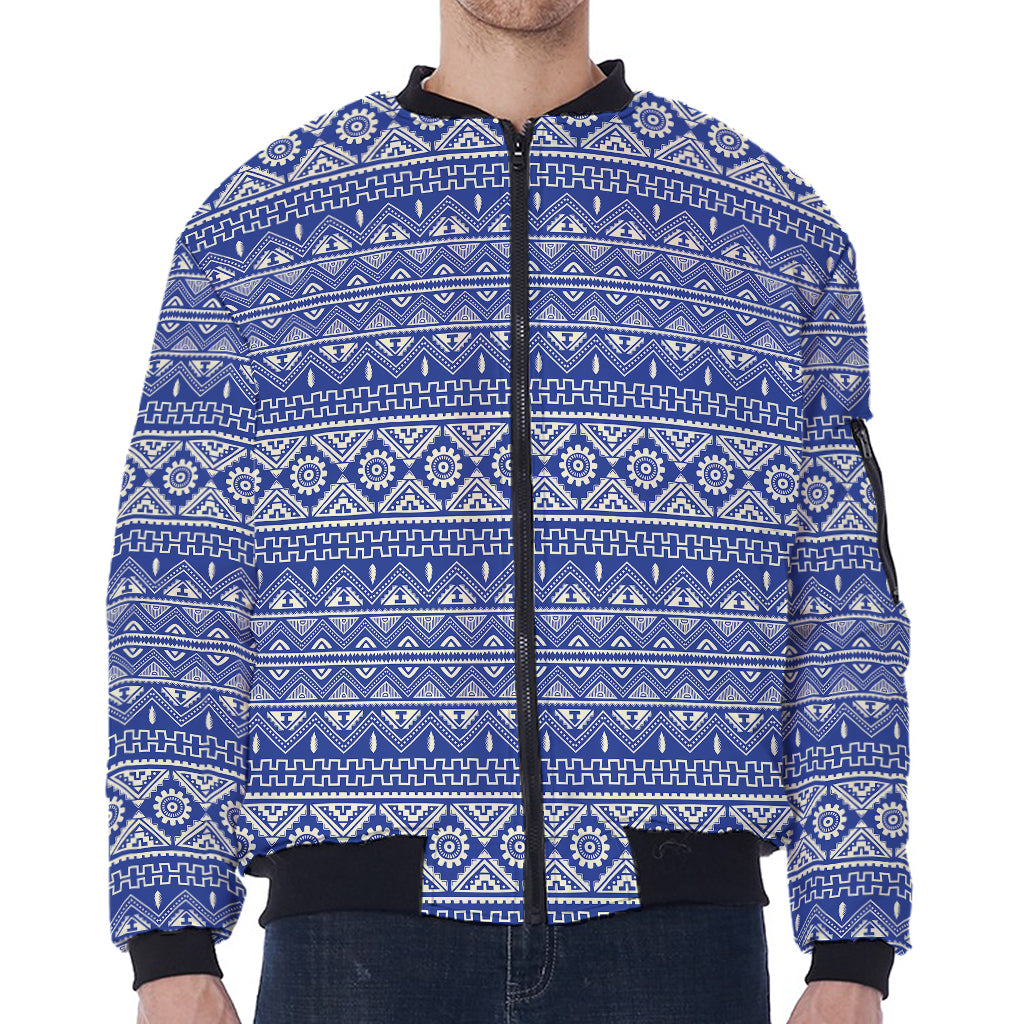 Blue And White African Pattern Print Zip Sleeve Bomber Jacket