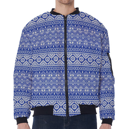 Blue And White African Pattern Print Zip Sleeve Bomber Jacket