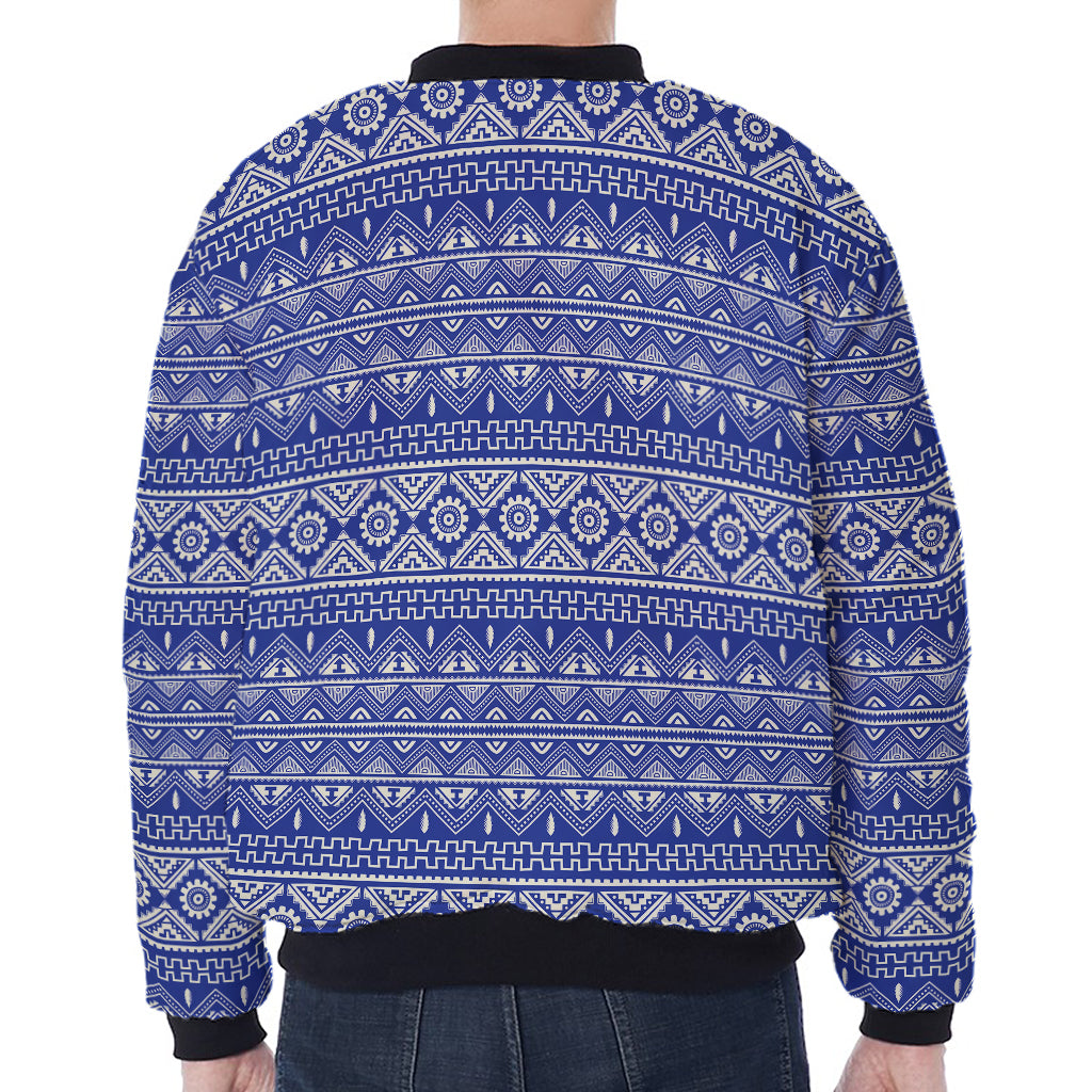 Blue And White African Pattern Print Zip Sleeve Bomber Jacket
