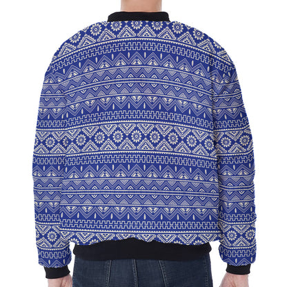 Blue And White African Pattern Print Zip Sleeve Bomber Jacket