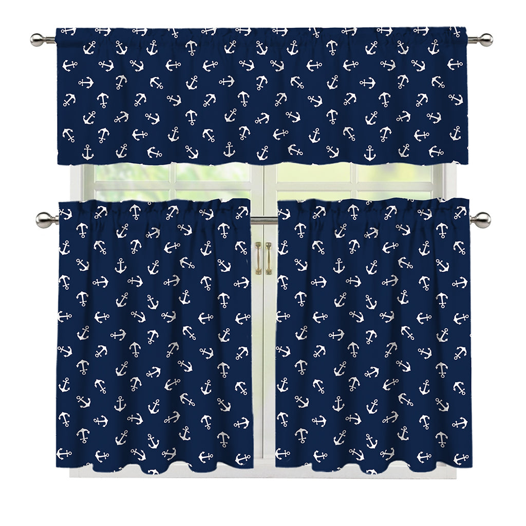 Blue And White Anchor Pattern Print 3 Piece Kitchen Curtains