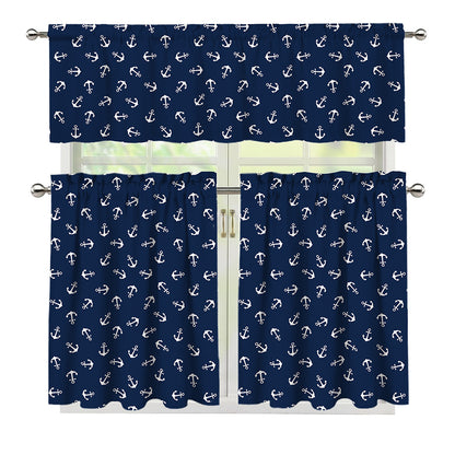 Blue And White Anchor Pattern Print 3 Piece Kitchen Curtains