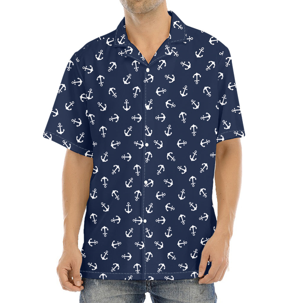 Blue And White Anchor Pattern Print Aloha Shirt
