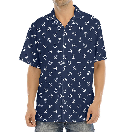 Blue And White Anchor Pattern Print Aloha Shirt