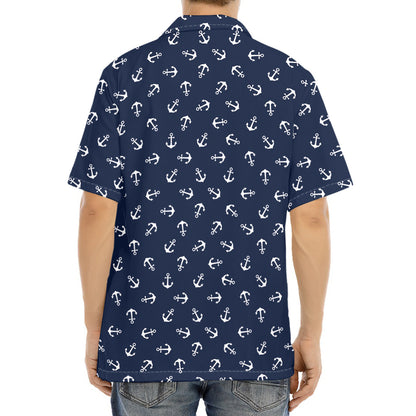 Blue And White Anchor Pattern Print Aloha Shirt