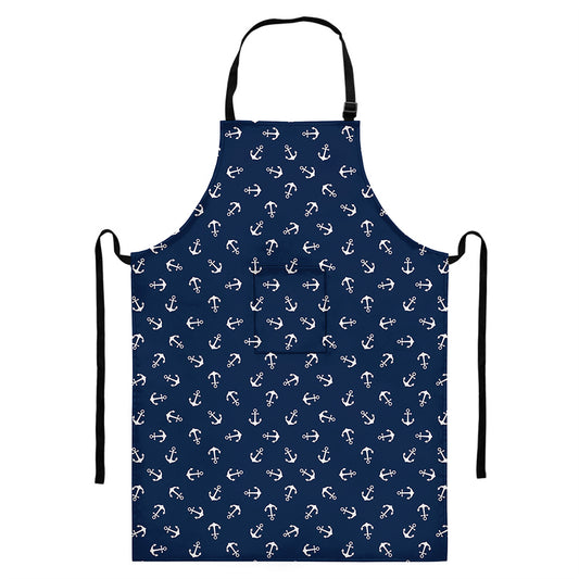 Blue And White Anchor Pattern Print Bib Apron With Pocket