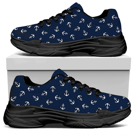 Blue And White Anchor Pattern Print Black Chunky Shoes