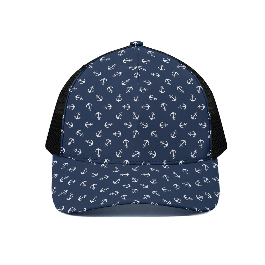 Blue And White Anchor Pattern Print Black Mesh Trucker Cap