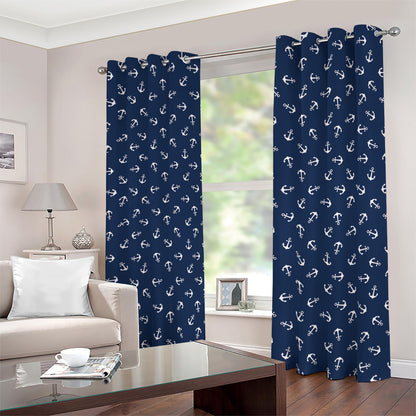 Blue And White Anchor Pattern Print Blackout Grommet Curtains