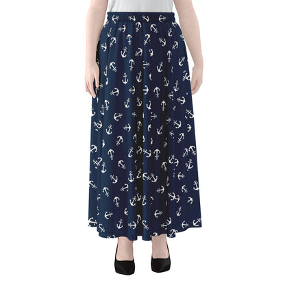 Blue And White Anchor Pattern Print Chiffon Maxi Skirt