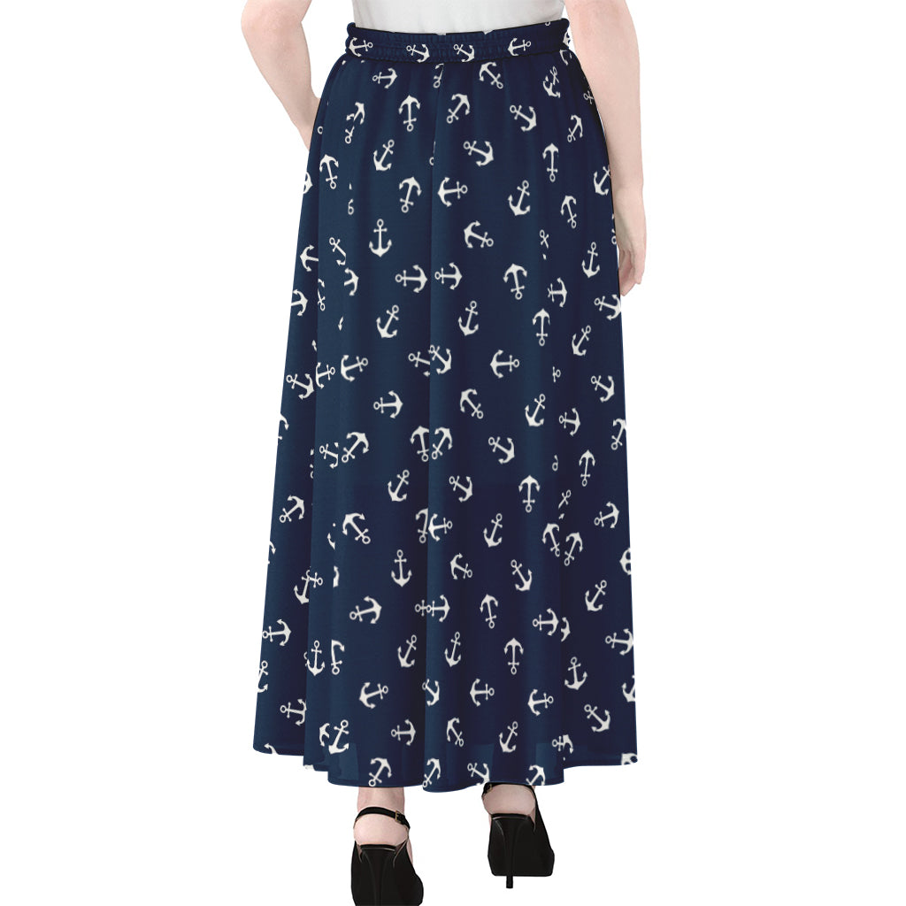 Blue And White Anchor Pattern Print Chiffon Maxi Skirt