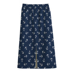 Blue And White Anchor Pattern Print Cotton Front Slit Maxi Skirt