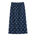 Blue And White Anchor Pattern Print Cotton Front Slit Maxi Skirt