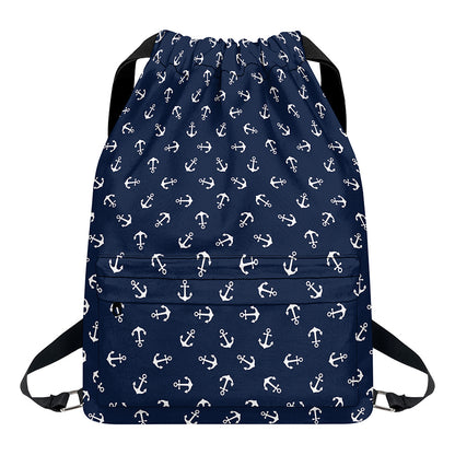 Blue And White Anchor Pattern Print Drawstring Backpack