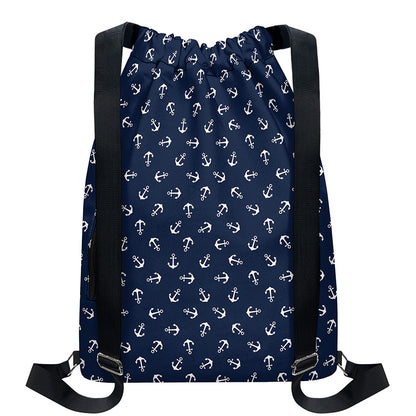 Blue And White Anchor Pattern Print Drawstring Backpack