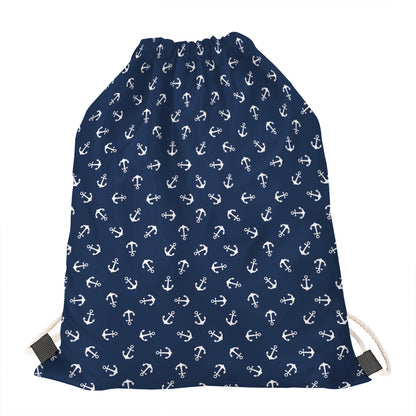Blue And White Anchor Pattern Print Drawstring Bag