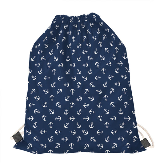 Blue And White Anchor Pattern Print Drawstring Bag