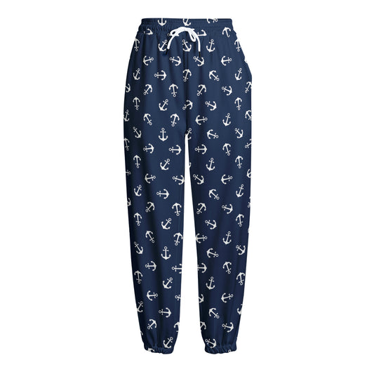 Blue And White Anchor Pattern Print Fleece Lined Knit Pants